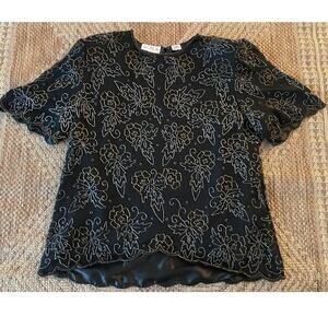 vintage SCALA BLACK silk and floral beaded short sleeve top